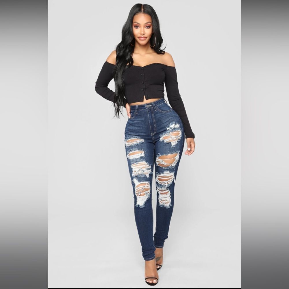 ⭐️Dark blue wash distressed High-Rise stretchy form fitting jeans